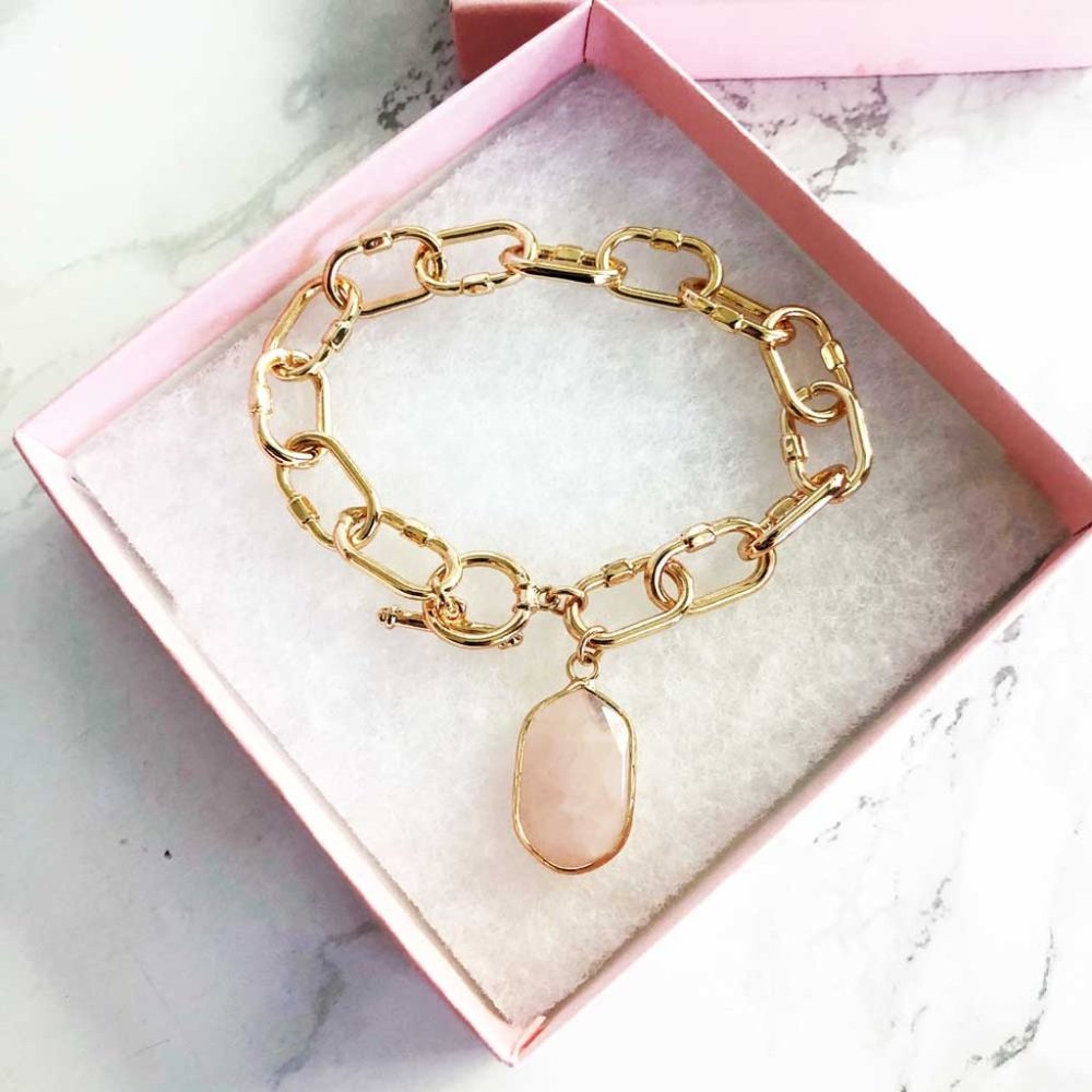 NIB Faux Pink Rose Quartz & Gold Pendant Cable Chain Kids' Bracelet